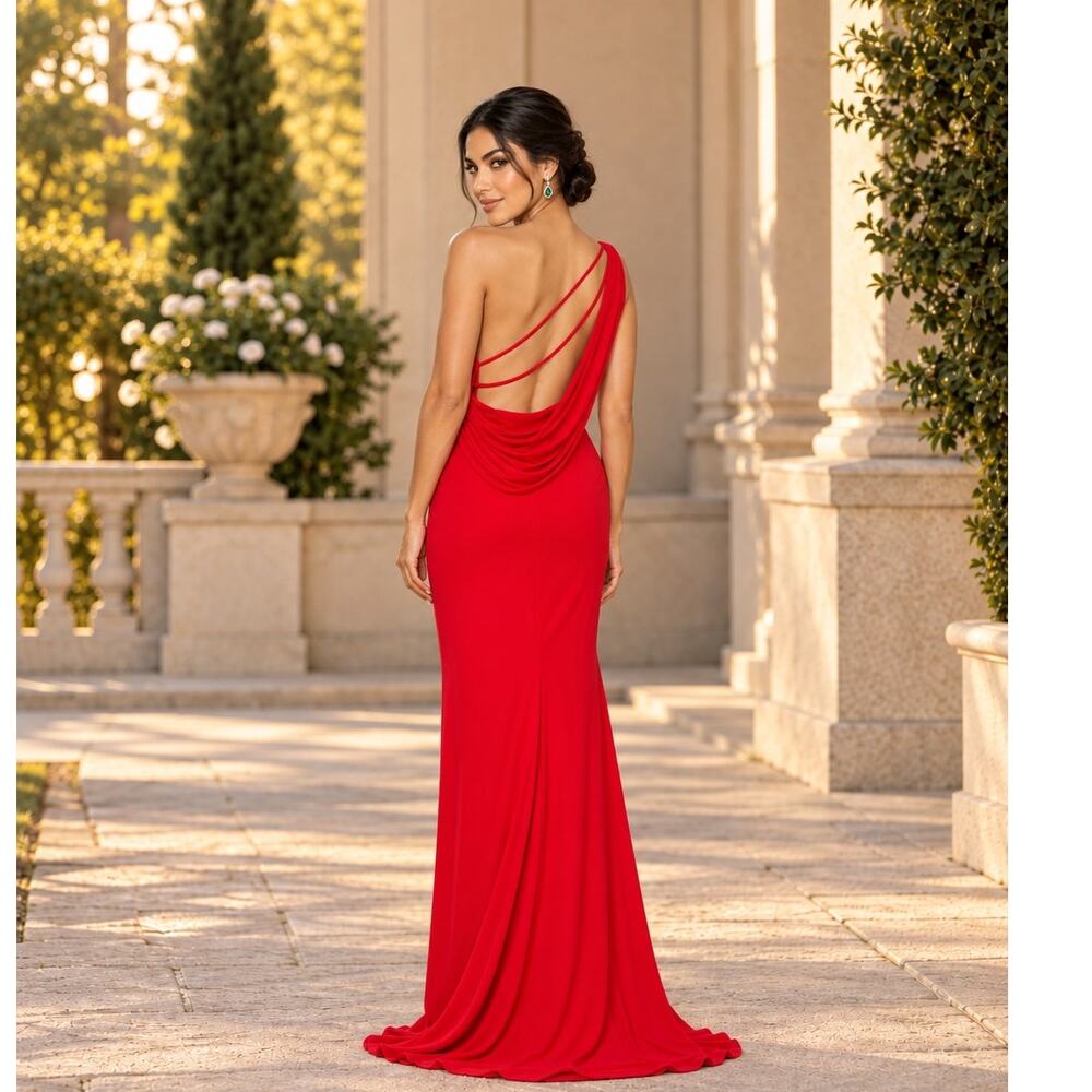 Ieena Mac Duggal 26512 Red One Shoulder Draped Back Slit Formal Gown NWT 10
